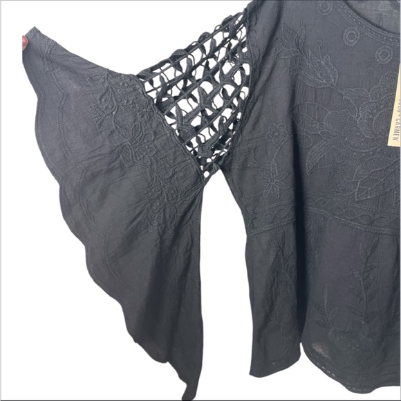 Coco + Carmen Embroidered floral crochet bell Sleeve Top Black Whimsigoth S/M - Picture 2 of 4